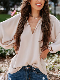 SpringAutumn V Neck Solid Color Long Sleeve Shirt