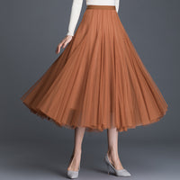 Womens Mid-Waist Pleated Flowy Mesh Lace Skirt