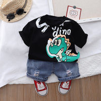 Dinosaur Round Neck Short Sleeve Cotton T-shirt Denim Shorts Suit