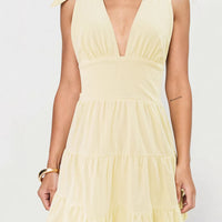 French Retro Style Yellow V-Neck Lace-Up Sleeveless Dress Holiday-Ready Skirt For Shorter Frames
