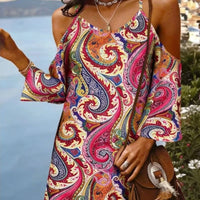 Printed V-neck Flared-sleeve Off-shoulder Sexy Camisole Dress For Women