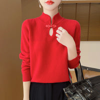 Chinese Style Retro Buckle Stand Collar Sweater For Women