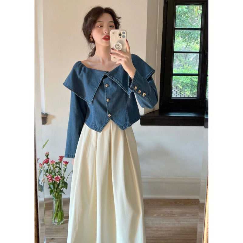 Lapel Long Sleeve Denim Waist-controlled Top Mid-length Skirt