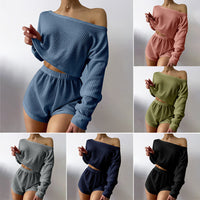 Pajamas Off-shoulder Top Shorts Breathable Waffle Casual Homewear Suit