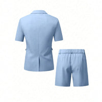 Mens Solid-Colored Gentleman Short-Sleeve Two-Piece Suit