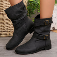 Retro Distressed Barrel Boots With Metal Buckles And Stitched Detailing Mid Calf Length