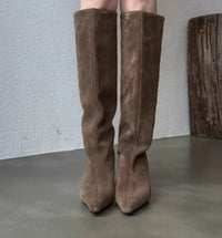 Sheepskin High Boots With A Stiletto Heel And Pointed Toe Finished In Coffee Brown