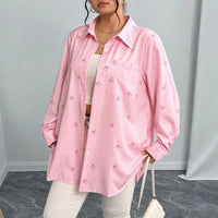 New Plus Size Womens Shirt Jacket With Bow Tie And Print Long Sleeve Top