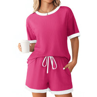 Solid-color Ribbed Patchwork Color-block Pajama Short-sleeve Loungewear Set