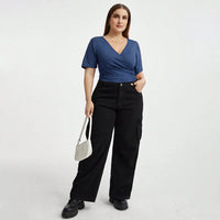 New V-neck Spliced Wide Slim Solid Color Top