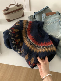 Loose Leisure All-matching Thick Warm Contrast Color Brocade Sweater