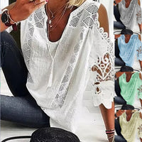 Women's U-Neck Embroidered Cotton Hollow-Out Tassel Top T-Shirt