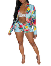 Womens Floral Print Blazer And Shorts Set With Long Sleeves