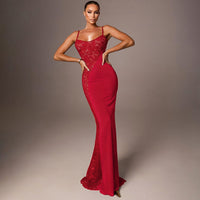Solid-color Sleeveless Sexy Lace-spliced Slip Bodycon Maxi Dress