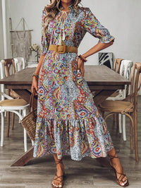 Womens Printed Casual Short-Sleeve V-Neck Tasseled Stand-Up Collar Long Dress