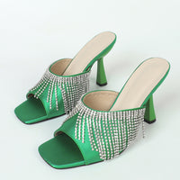 Rhinestone Square Head Satin High Heel Sandals