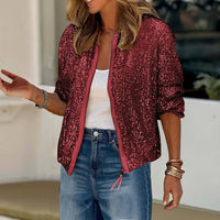 Casual Fashionable Sequins Short Zip Jacket