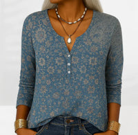 Women's Long-Sleeve Printed V-Neck Loose T-Shirt
