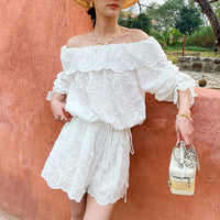 Off-Shoulder Top And Womens Long-Sleeve Hollow-Out Shorts Set