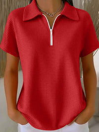 Pullover Drop-shoulder Half-zip Waffle-knit Short Sleeve