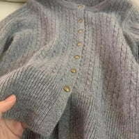 Gray Twist Small Golden Button Knitted Cardigan Wool