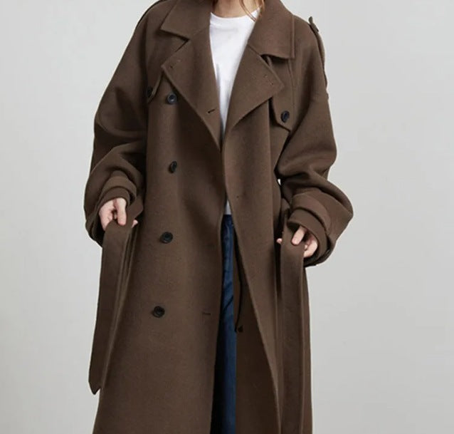 Loose Double Buckle Lapel Long Overcoat Outerwear