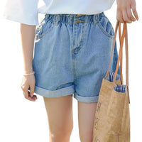 Calyx elastic waist denim shorts female summer high waist was thin student wide leg hot pants