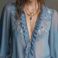 Embroidered Ruffle-Trimmed Zipper Chiffon Shirt For Women