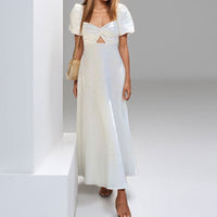 Solid-color Bubble-sleeved A-line Waist-cinched Dress