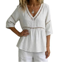 Solid-color V-neck Hollow-out Casual Fringed Top