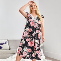 Large Size Women's Dress Short Sleeve V-neck Lace Floral Plus-sized Home Nightdress