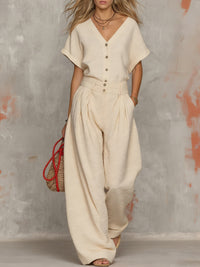 Solid-color V-neck Short-sleeve Top And Wide-leg Pants Set