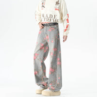 Men's Peony Jacquard Washed Loose Jeans
