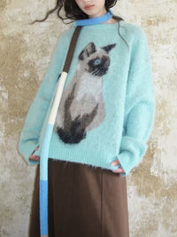 Contrast Color Pullover Cute Cat Brocade Sweater Female