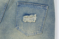 Punk Ripped Wash Denim Straight Cropped Pants