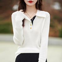 Spring Color Stitching Turnover Neck Design Women's Tencel Sweater