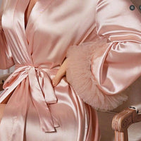 Women's Satin Long-sleeved Nightdress Stitching Mesh Lace Homewear