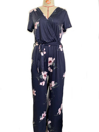V-neck belted short sleeve jumpsuit