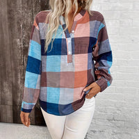 Spring And Autumn Leisure Notched V-neck Plaid Long Sleeve Shirt