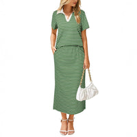 Womens Lapel T-shirt And Slit Skirt 2-piece Set