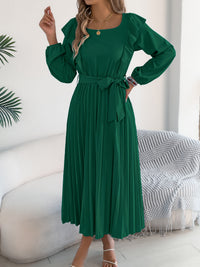 Women's Elegant Ruffle Trim Square Neck Long Sleeve Tie Waist Pleated Dress