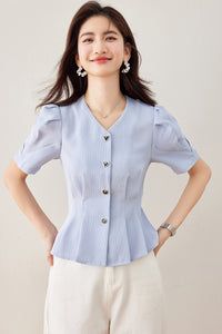 Lady Temperament V-neck Puff Short Sleeve Solid Color Slim Fit Slimming Shirt
