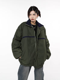 Women's Army Green Stand Collar Workwear Cotton Padded Jackets Retro Loose