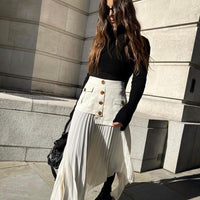 Irregular Chiffon Stitching Pleated Multi-button Pocket Skirt