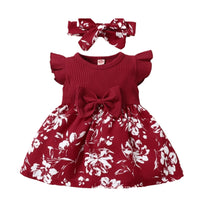 Girls' Cute Floral Flying Sleeve Dress Hair Band Two-piece Set