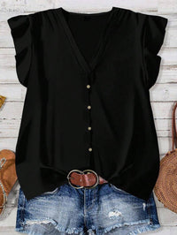 Solid-color V-neck Buttoned Flutter-sleeve Blouse For Women