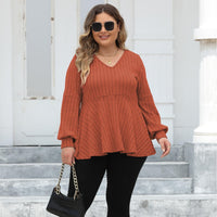 Doll Shirt V-neck Hollow Striped Polar Fleece Lantern Sleeve Bottoming Shirt