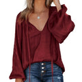 Womens Loose V-neck Top With Lantern Sleeves