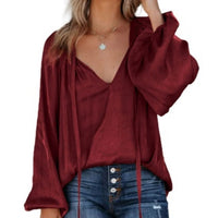 Womens Loose V-neck Top With Lantern Sleeves