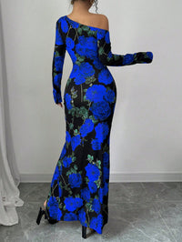 SpringAutumn Elegant Rose-Print Slit Sheath Dress